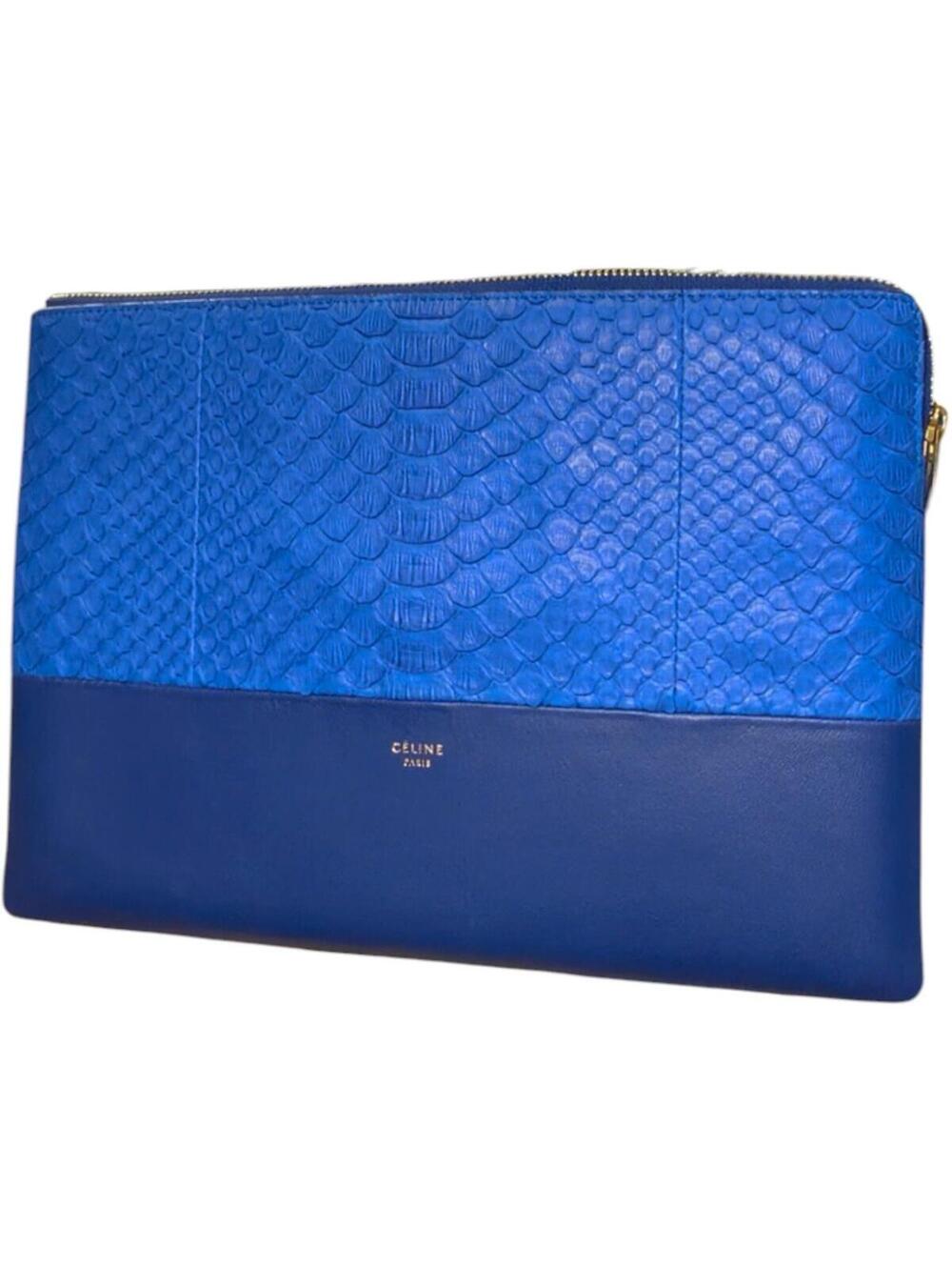 Celine Exotic and Rare Blue Python & Leather Zip Clutch Pouch